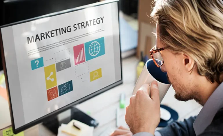 Professional reviewing marketing and business development strategy on a computer screen.