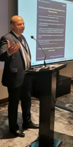 Col Pawan Bhatnagar delivering a presentation on India's defence market entry strategy to German delegates.