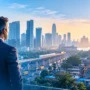 Business executive overlooking India's evolving urban landscape, representing the opportunities and challenges European companies face when entering the Indian market.
