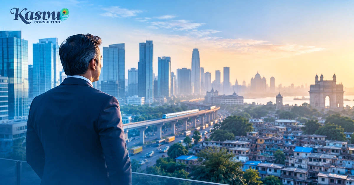 Business executive overlooking India's evolving urban landscape, representing the opportunities and challenges European companies face when entering the Indian market.